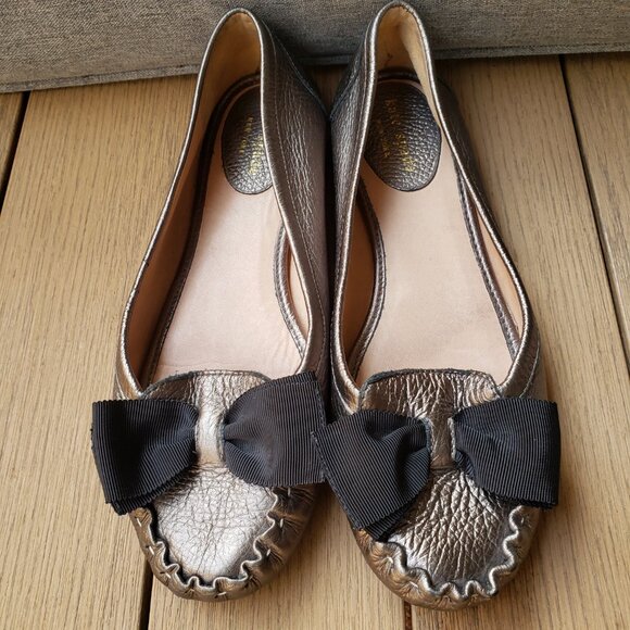 EUC Kate Spade NY Leather Ballet Flats Loafer Moccasin w/ Bow Metallic Gold (7) - Picture 7 of 10